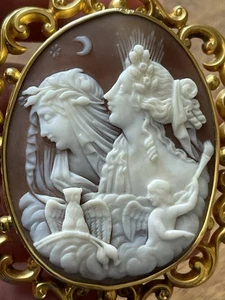 Lovely Antique Victorian The Goddesses Of The Day & Night Cameo 18ct Gold Brooch - Picture 1 of 15