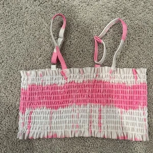 Girls Ruffled Lettuce Edge Spaghetti Strap Crop Top Girls Size 6 Pink White - Picture 1 of 5