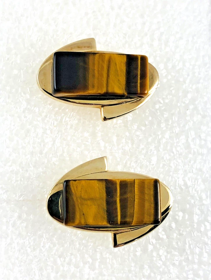 Vintage Mid-Century Tigers Eye Gold Tone Cufflinks Modernist - Image 1 of 4