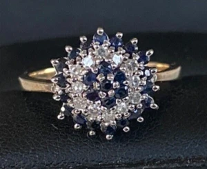 VINTAGE 9CT GOLD SAPPHIRE DIAMOND RING - SIZE N - Picture 1 of 10