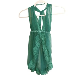 Fredericks of Hollywood Green Lacy Mesh Lingerie Halter - Halter Sash Med - Picture 1 of 8