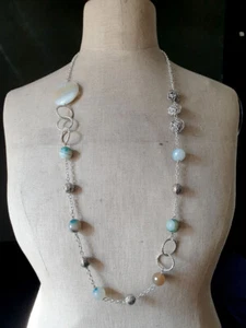 vintage gemstone jewel necklace AGATE BLUE SHADES & SILVER - Picture 1 of 2