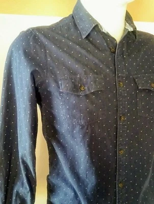 21 HOMBRE Camisa Ajustada Para Hombre Botón Denim Azul Mini Lunares Manga Larga Talla S Foto 1 de 4