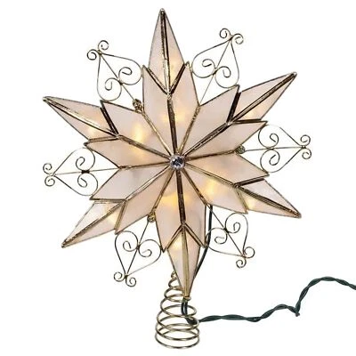 Kurt Adler 10-Light LED Brass Plated Capiz Star Tree Topper, 6-Point with Scroll