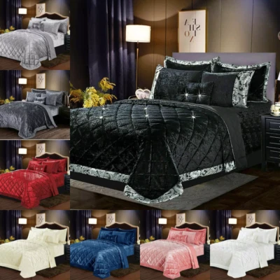 DIAMONDTEX30 3 Piece Quilted Bedspread Crushed Velvet Embossed Bedding Set Double King Size