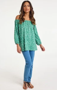Bonmarche long sleeve green cotton dash print bardot top plus size 26 BNWT NEW - Picture 1 of 3