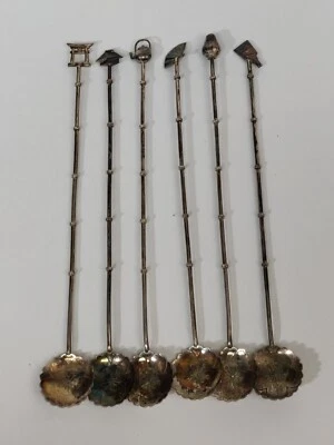 VINTAGE ICE TEA SPOONS X 6 ORIENTAL THEME STERLING SILVER 7 1/2" - Image 1 of 4