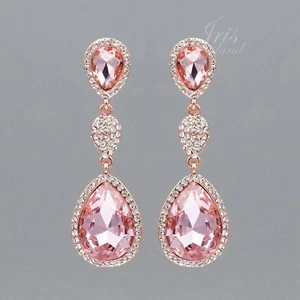 Pendientes colgantes de estrás de cristal rosa enchapados en oro rosa para boda 9302 - Imagen 1 de 4