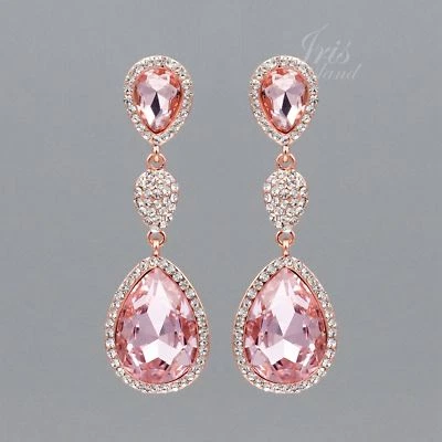 ROSE GOLD Plated Pink Crystal Rhinestone Wedding Teardrop Dangle Earrings 9302 - Image 1 of 4