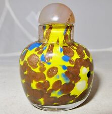 Vintage Chinese ? Morano Style Yellow & Gold Glass Snuff Bottle w/ Agate  (2.3")