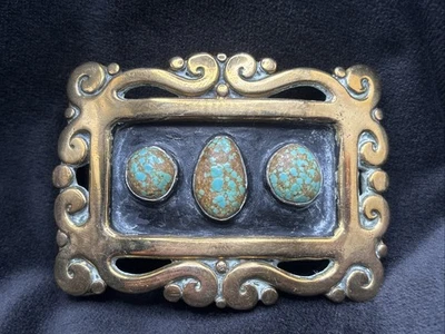 Fivela grande de latão turquesa K Dupree? Unissex psicodélico hipster anos 60-70 3”x2” - Imagem 1 de 4