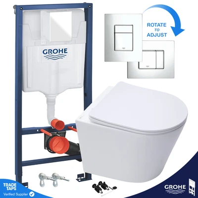 GROHE, TRADETAPS Rimless ECO Wall Hung Toilet Pan, Seat & GROHE 1.13m Concealed Cistern WC Frame