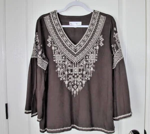 Chelsea & Theodore Top Bordado Manga Campana Boho Hippie Campesino Marrón MED - Imagen 1 de 13