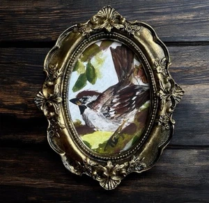 Sparrow bird miniature watercolor art print in vintage style ornate frame - Picture 1 of 6