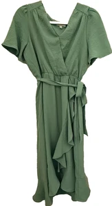 Luxology Green Wrap Midi Dress Women’s Medium Short Sleeve Tie Waist Ruffle Hem - Picture 1 of 8