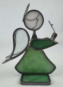 Stained Glass Angel Holding Cross 5.25" Green 2-Sided Sun Catcher Standing Halo - Picture 1 of 12