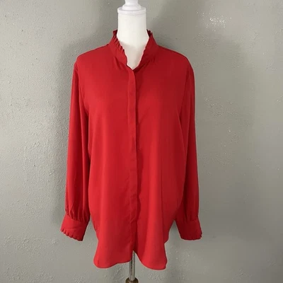 Ann Taylor Red Long Sleeve Blouse Size L Button Front Pleated Trim Classic Top - Image 1 of 4