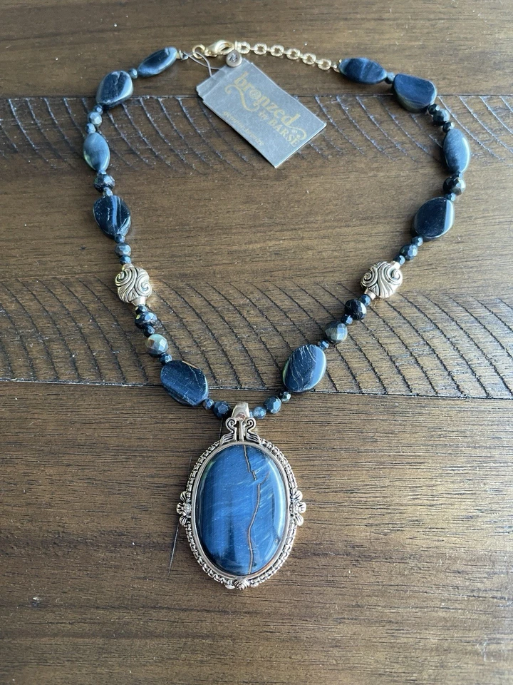 Barse Genuine Blue Tiger’s Eye Bronze Pendant Necklace 18” - Image 1 of 4