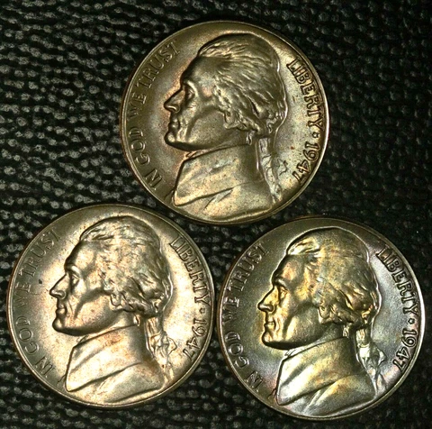 1947-P, D, S Jefferson Nickels, Very Choice to Gem BU, 3 coins, Pretty Toning Cover