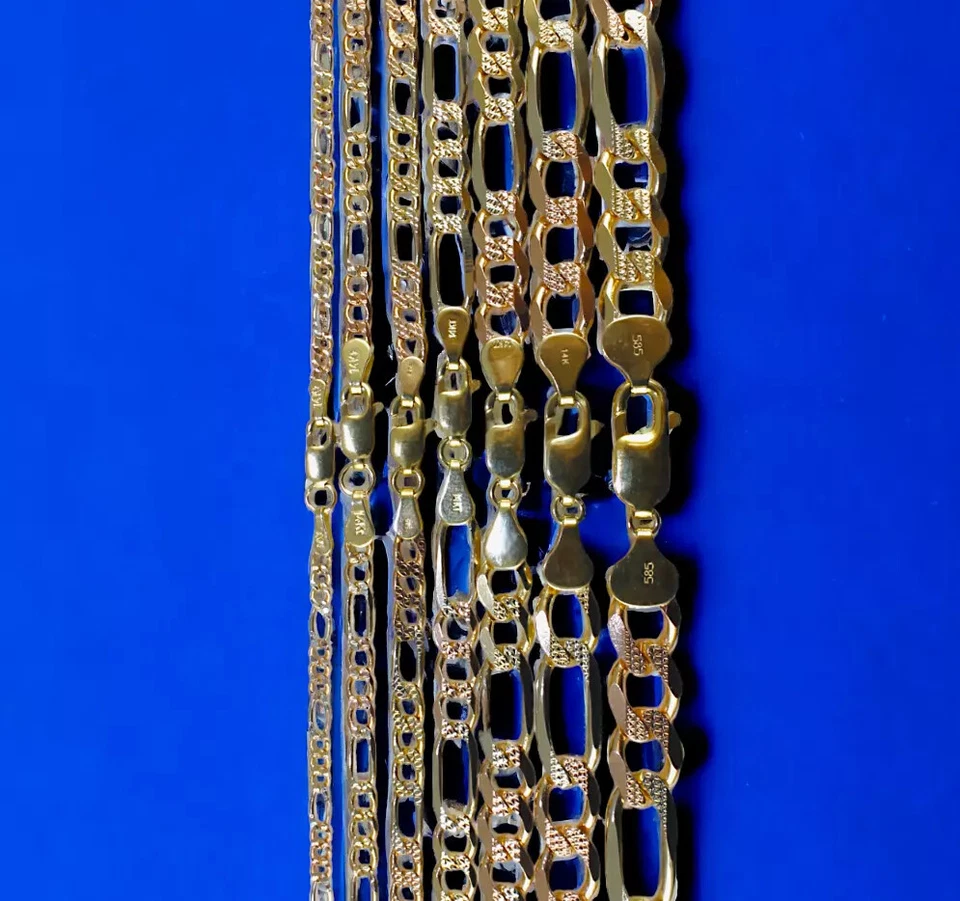 Brazalete Cadena Figaro SÓLIDO Oro Tri Color 14K Corte Diamante 2mm-8.5mm 7"-9" Foto 1 de 4