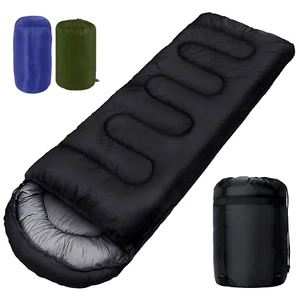 SACCO A PELO ESTIVO INVERNALE CAPPUCCIO CAMPEGGIO IMPERMEABILE 210X80CM NERO BLU - Foto 1 di 11