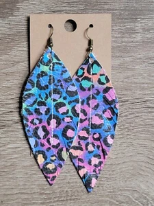 Handmade GENUINE Suede Leather Feather Earrings Summer Rainbow Leopard 3" - Picture 1 of 1
