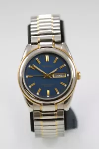 Armitron Watch Men Silver Gold Stainless Steel Stretch 50m Day Date Blue Quartz - Picture 1 of 6