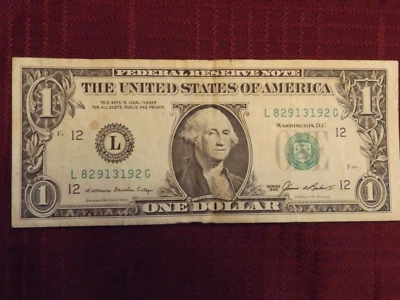 OLD RARE SERIES 1985 $1 ONE DOLLAR BILL - SERIAL NUMBER L 82913192 G - Image 1 of 3