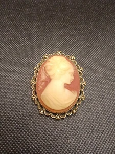 Vintage Gerry's Cameo Brooch Pin Resin Coral Color Cream Gold Tone Oval 2" - Picture 1 of 8