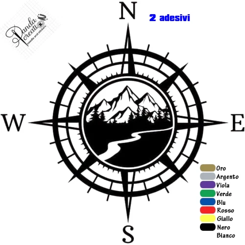 KIT 2 ADESIVI BUSSOLA MONTAGNA DECAL VINILE  AUTO MOTO CAMPER CASCO - Immagine 1 di 1
