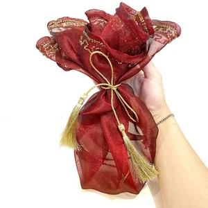 Bombay Beaded Mesh Red Gold Decorative Tie Up Sachet Bag Gift Wrap Tassels - Bild 1 von 6