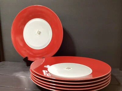 Set Of 6 Crate Barrel Red Tognana 10 5/8” Dinner Plates (B17) - Image 1 of 4