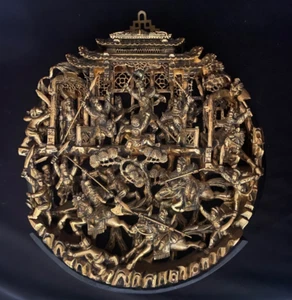 Antique Vintage Chinese Hand Carved Gilt Wood Round Wall Panel Warriors Horses - Picture 1 of 13