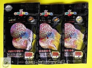 3 x M Size OKIKO Platinum Flowerhorn Cichlid Fish Food Head Huncher Color Faster - Picture 1 of 5