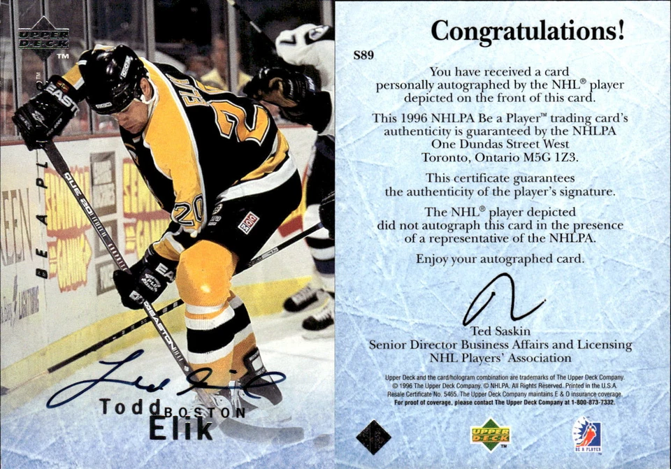 1995-96 Be A Player Autographs #S89 Todd Elik - NM-MT - Image 1 of 1