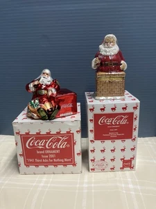 Set of 2 Coca Cola Santa Ornaments Thirst asks for nothing Pearlescent Santa Box - Picture 1 of 20