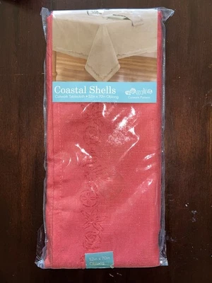 NWT COASTAL SEASHELLS Cutwork Pattern Tablecloth 52”x70” Deep Coral Beach Ocean - Image 1 of 3