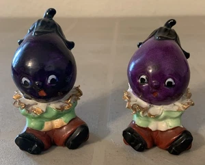 Vintage Anthropomorphic Baby Eggplant Salt and Pepper Shaker Gold Trim JAPAN - Picture 1 of 7