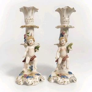 Antique Von Schierholz Handmade Pair German Porcelain Cherub Candle Holders EUC - Picture 1 of 18