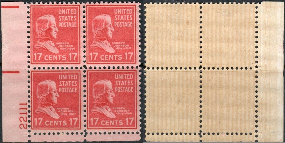 US Scott #822, Plate block of 4, MNH "17 cent Andrew Johnson" - Image 1 of 1