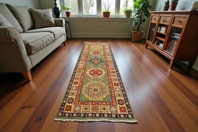 2'2 x 5'4 Super Kazak Geometric Handmade Oriental Carpet Veg Dye Wool Runner Rug - Image 1 of 4