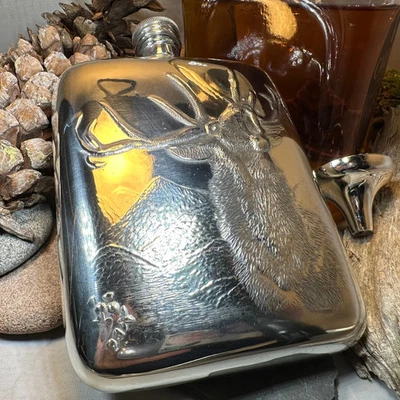 Stag Pewter Hip Flask Hunting Hunter Whisky Lover Mens Gifts - Image 1 of 4