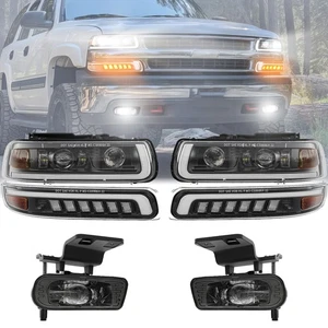 DOT LED Headlights+Fog Lights For Chevy Silverado 1999 2000 2001-02 Tahoe 00-06 - Picture 1 of 17