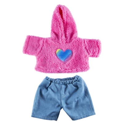 SPLODGE TEDDY PARTIES 10" TEDDYBÄR KLEIDUNG - rosa pelziges Herz Hoodie & Jeans Outfit - 10 Zoll/25 cm