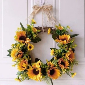 New Artificial Sunflower Home Deco Fake Flower Wreath With Green Leaves For Door - Picture 1 of 6