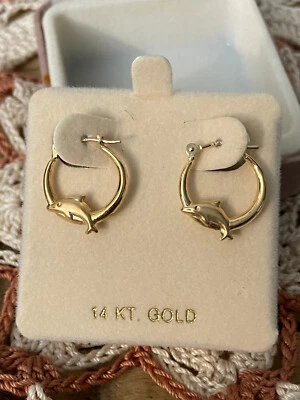 Vintage JCM 14 Kt Yellow Gold Small Dolphin Hoop Earrings Pierced .7 g - Image 1 of 4