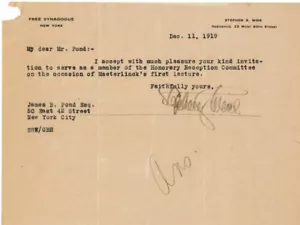 LETTERA FIRMATA RABBINO STEPHEN SAMUEL SAGGIO 1919 - Movimento Sinagoga Libera - Sionista - Foto 1 di 1