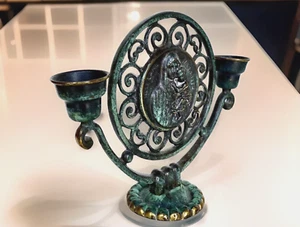 Vintage Grünspan Bronze 2 Kerzenhalter Maria & Jesus von Nazareth, Israel 5-3/4" - Bild 1 von 11