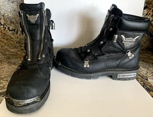 Auth Harley Davidson Leather Biker Boots Mens 7.5 Womens 9.5 Metal Logo Zippers - Picture 1 of 10