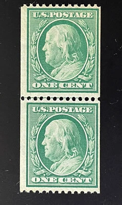 US Stamps; Scott #348 Genuine Coil Line Pair 1c Green, P12 Mint NH $650 w/Cert. - Image 1 of 4